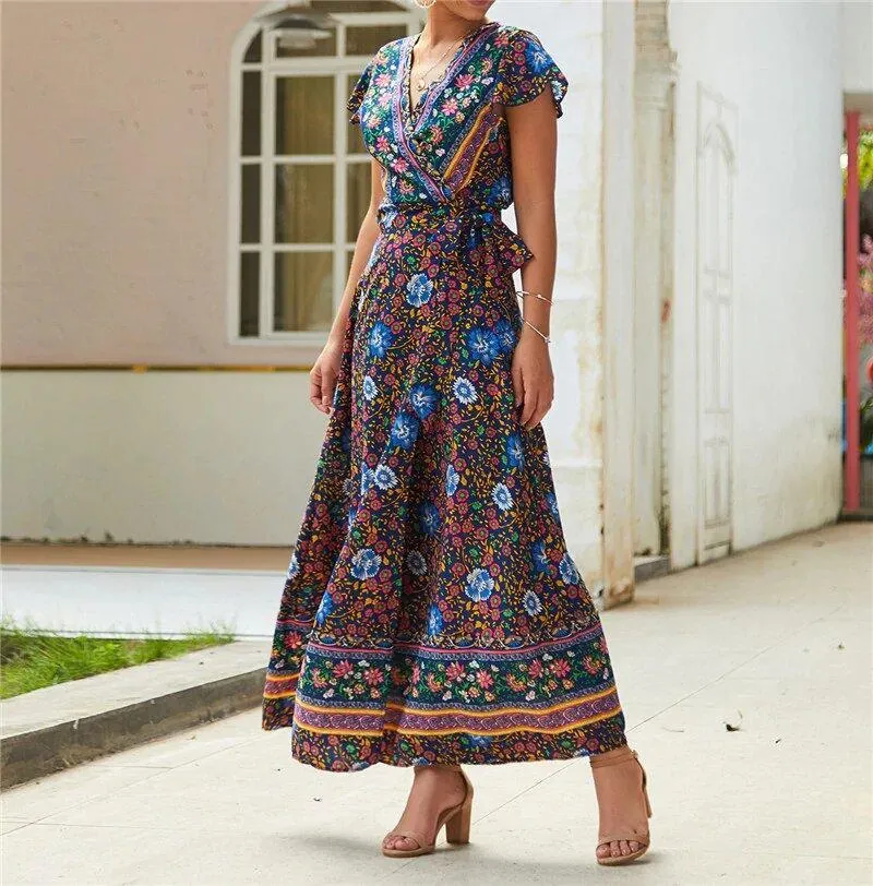 JuliaFashion - 2024 Short Sleeve Boho Floral High Split Maxi Dress