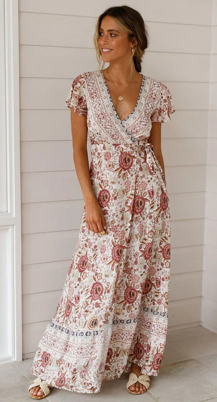 JuliaFashion - 2024 Short Sleeve Boho Floral High Split Maxi Dress