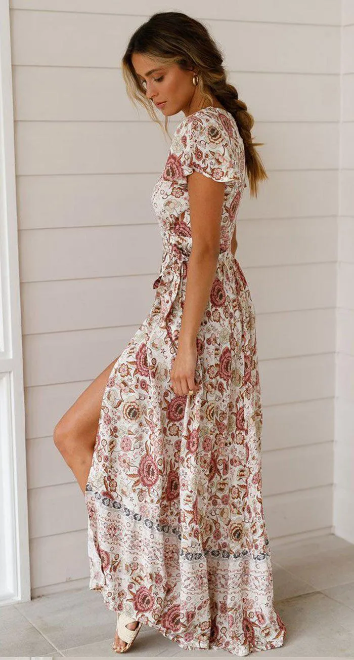 JuliaFashion - 2024 Short Sleeve Boho Floral High Split Maxi Dress