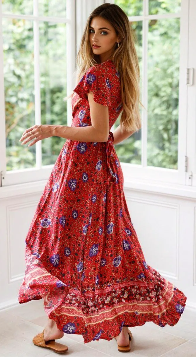 JuliaFashion - 2024 Short Sleeve Boho Floral High Split Maxi Dress