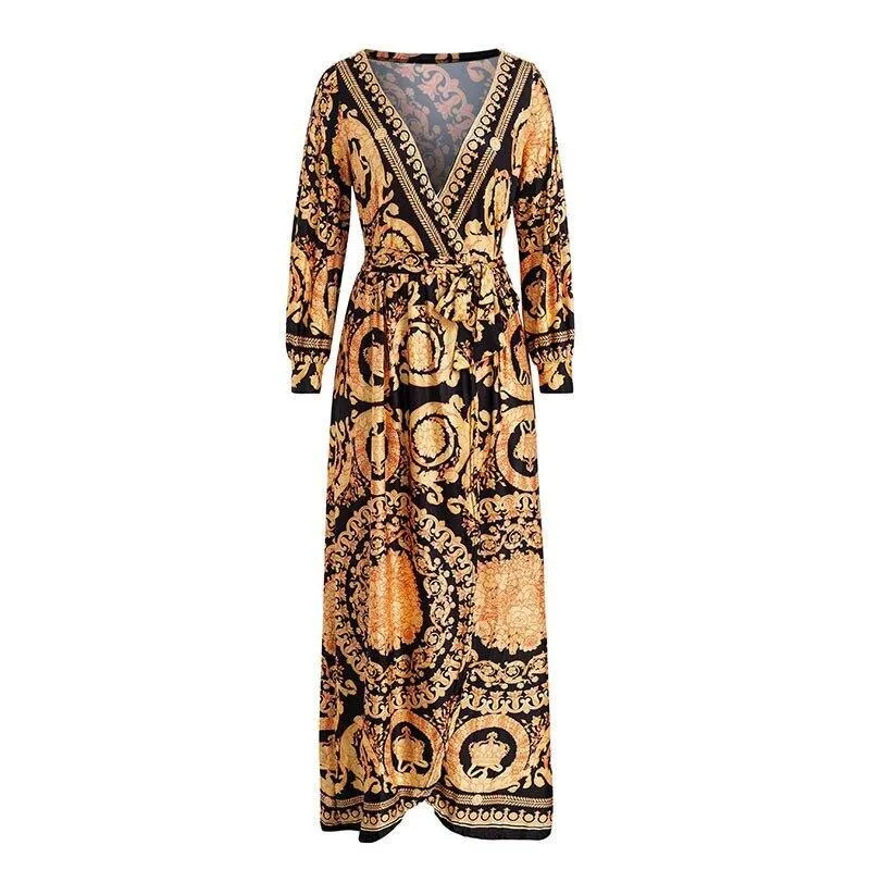 JuliaFashion - 2024 V-Neck Plus Long Tied Waistband Kimono Dress