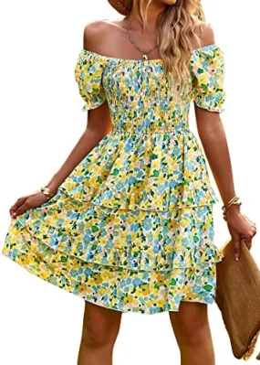 KIRUNDO 2023 Summer Women's Square Neck Smocked Floral Dress Boho Off Shoulder Tiered Ruffle Flowy Mini Short Dresses(Yellow, Medium)