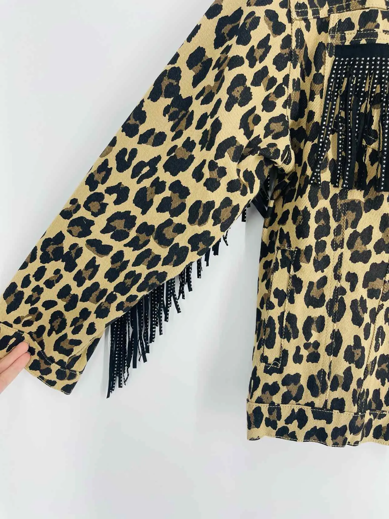 L & B Size M Tan/Black Animal Print Fringe Jackets Jacket