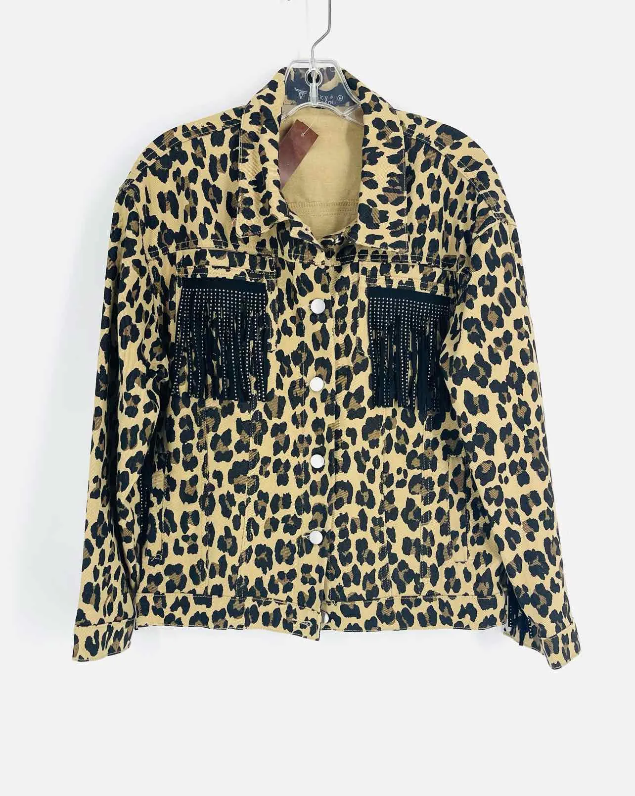 L & B Size M Tan/Black Animal Print Fringe Jackets Jacket