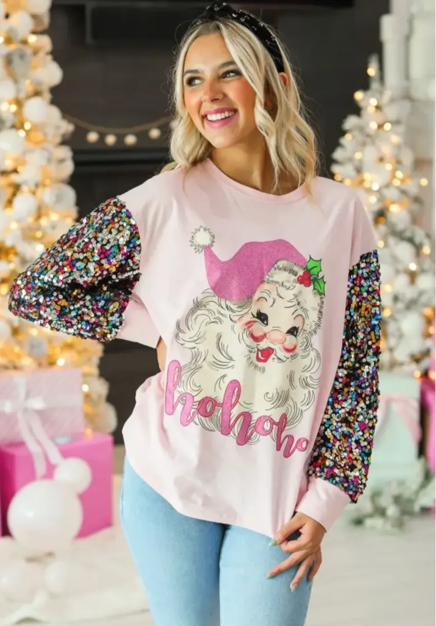 Light Pink Santa Sequin Sleeved Top