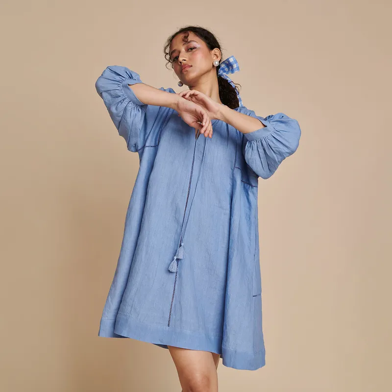 Linen Short Dress for Women | Blue | Panelled