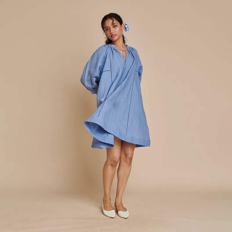 Linen Short Dress for Women | Blue | Panelled