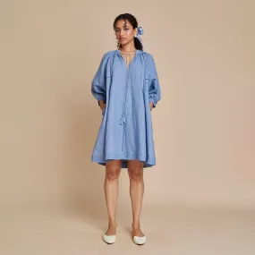 Linen Short Dress for Women | Blue | Panelled