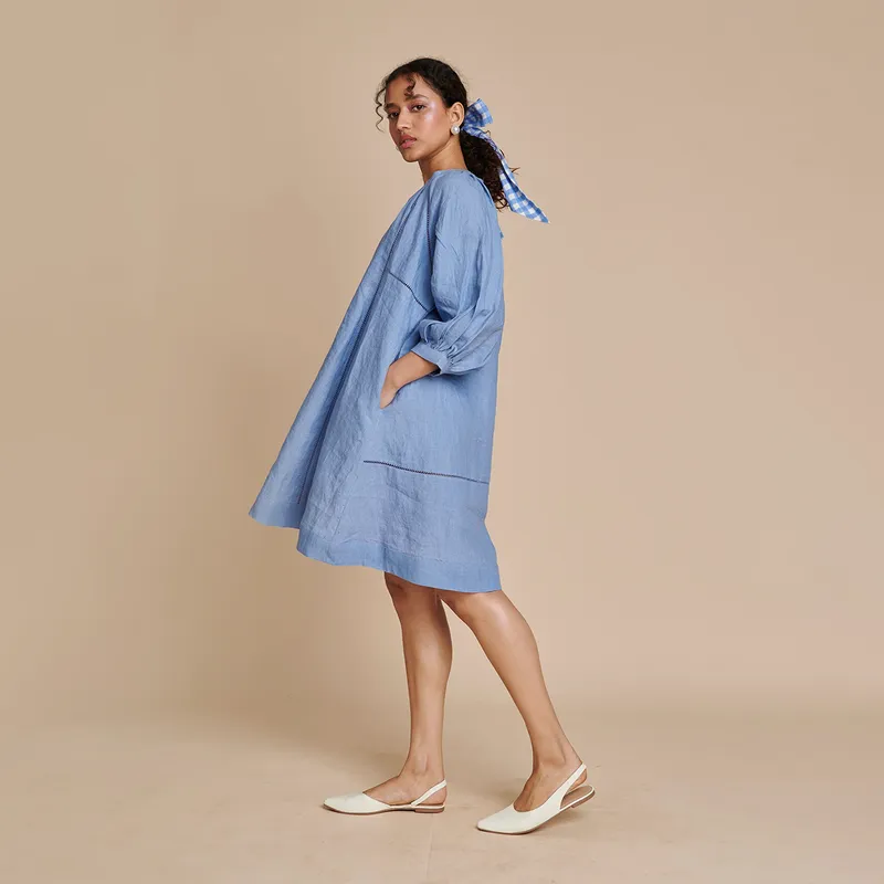 Linen Short Dress for Women | Blue | Panelled