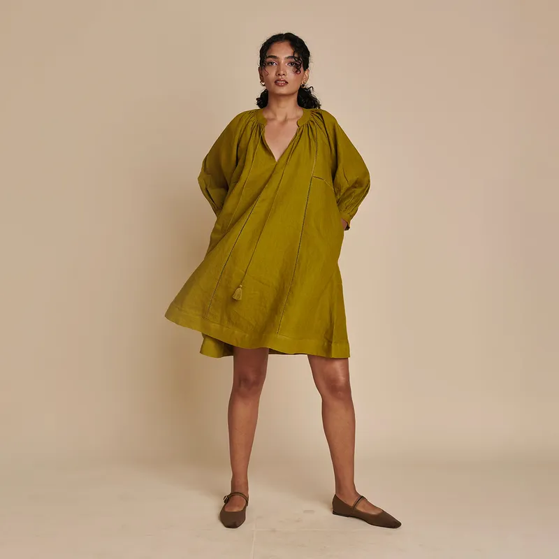 Linen Short Dress for Women | Mehndi Green