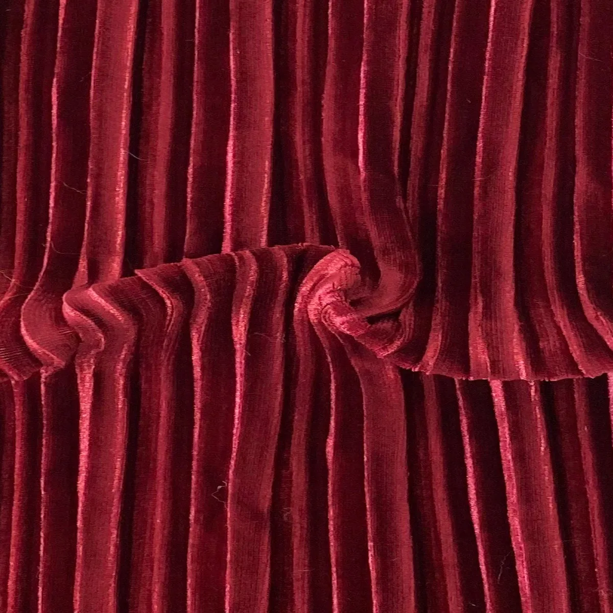 Maroon Red Pleated Stretch Velvet Fabric