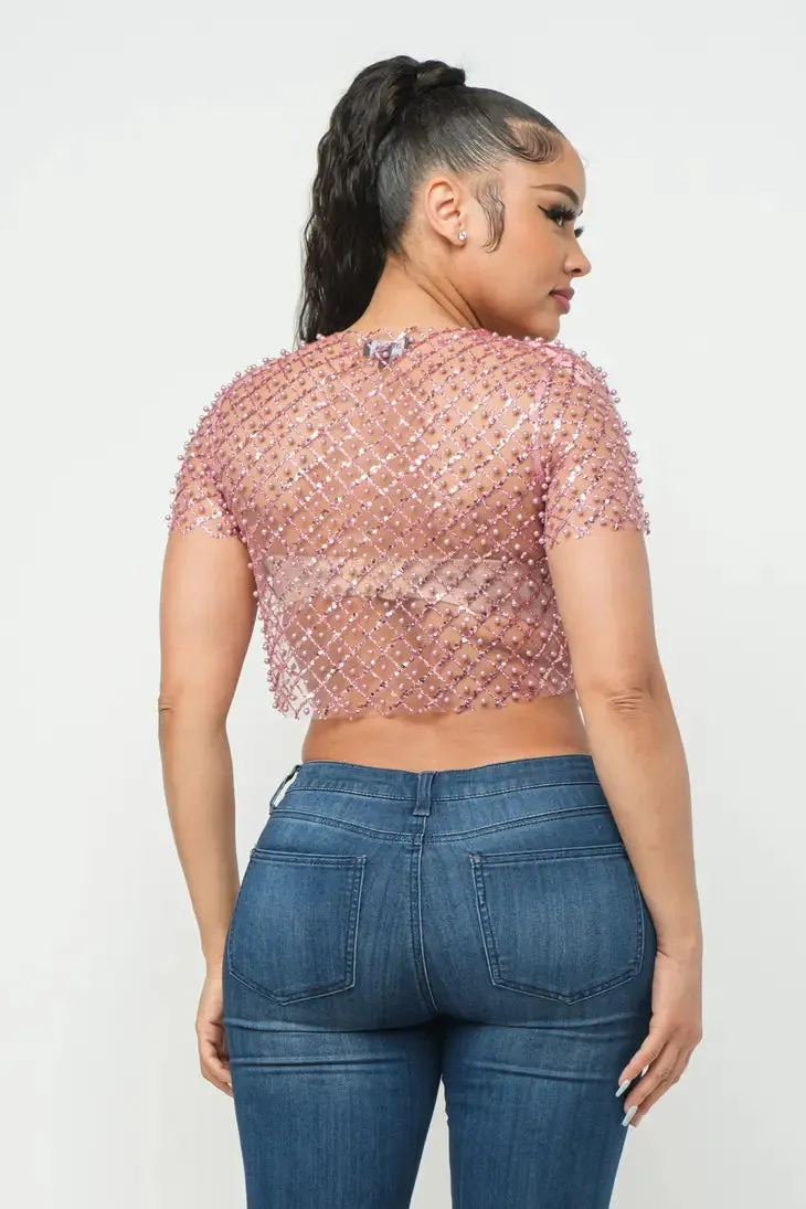 Mauve Mesh Pearl Beaded Sequin Top