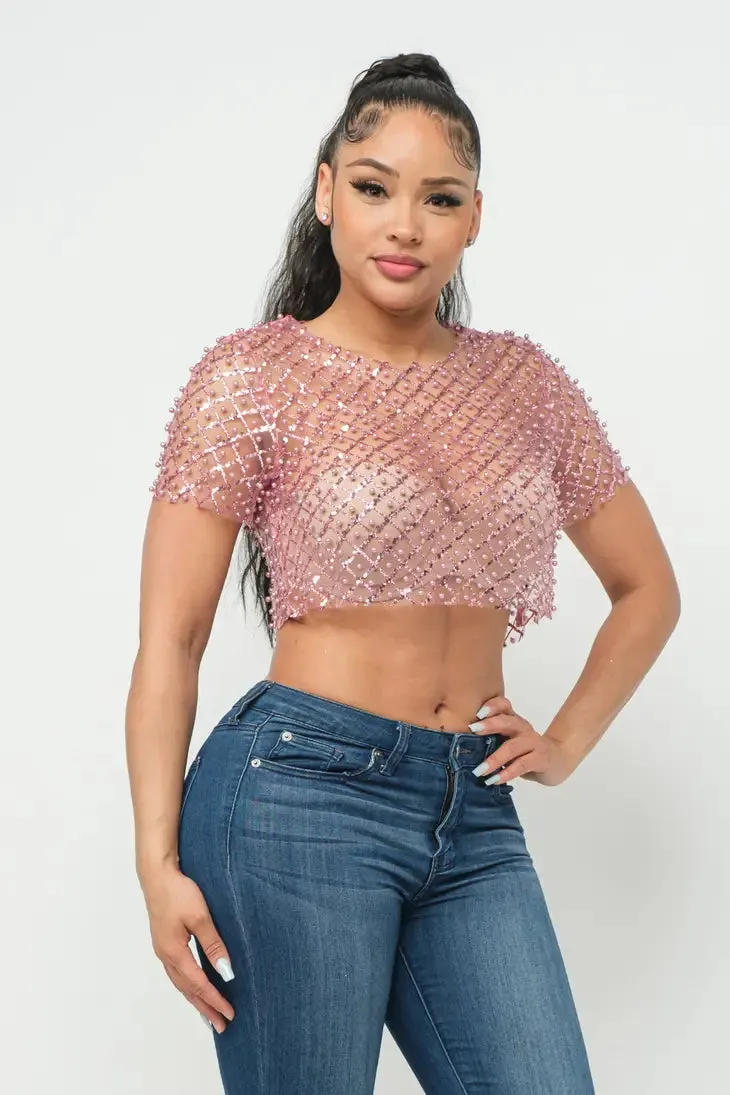 Mauve Mesh Pearl Beaded Sequin Top