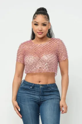 Mauve Mesh Pearl Beaded Sequin Top