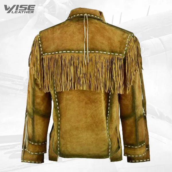 Mens Western Cowboy Brown Suede Leather Jacket With Fringe