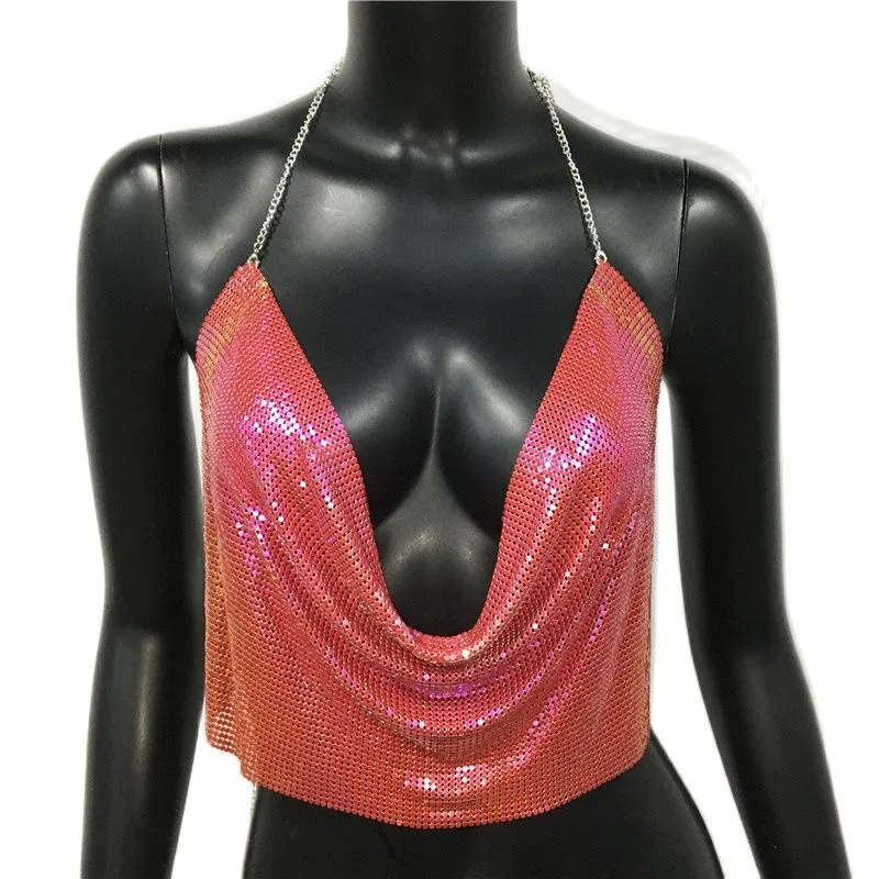 Metal Sequined Tank Camis Summer Gold Silver Backless Cropped Glitter Beach Club Show Wear Tank Tops