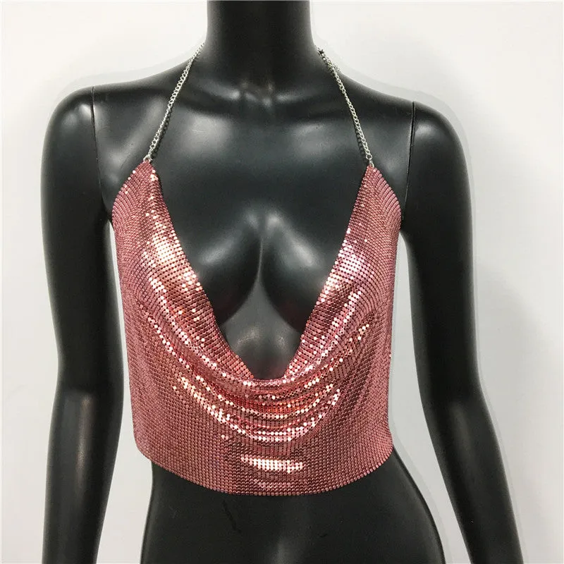 Metal Sequined Tank Camis Summer Gold Silver Backless Cropped Glitter Beach Club Show Wear Tank Tops