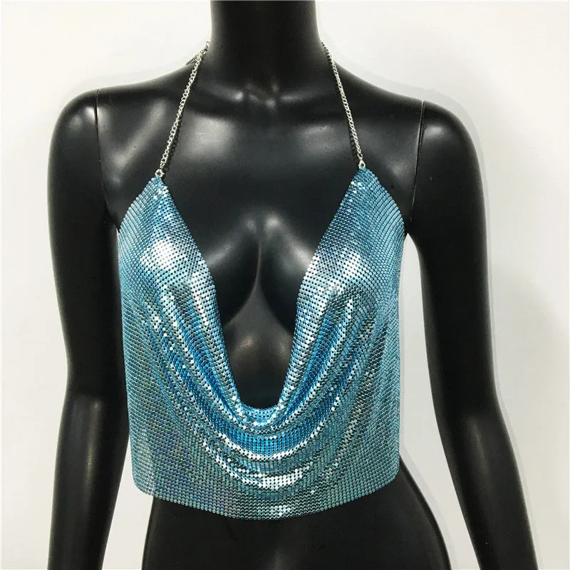 Metal Sequined Tank Camis Summer Gold Silver Backless Cropped Glitter Beach Club Show Wear Tank Tops