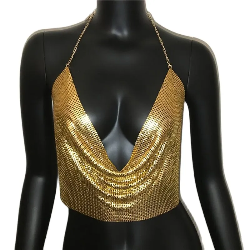 Metal Sequined Tank Camis Summer Gold Silver Backless Cropped Glitter Beach Club Show Wear Tank Tops