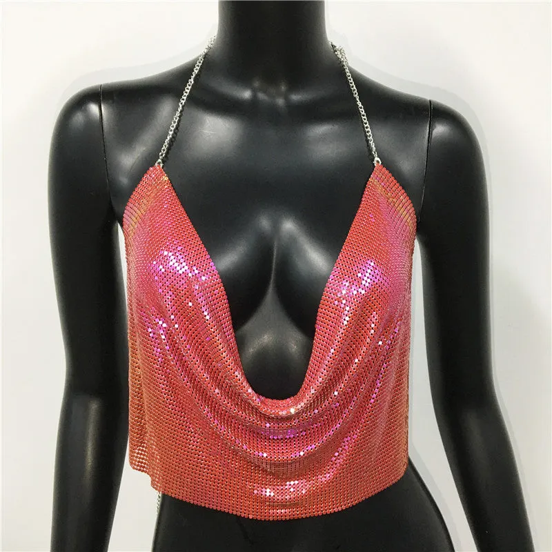 Metal Sequined Tank Camis Summer Gold Silver Backless Cropped Glitter Beach Club Show Wear Tank Tops