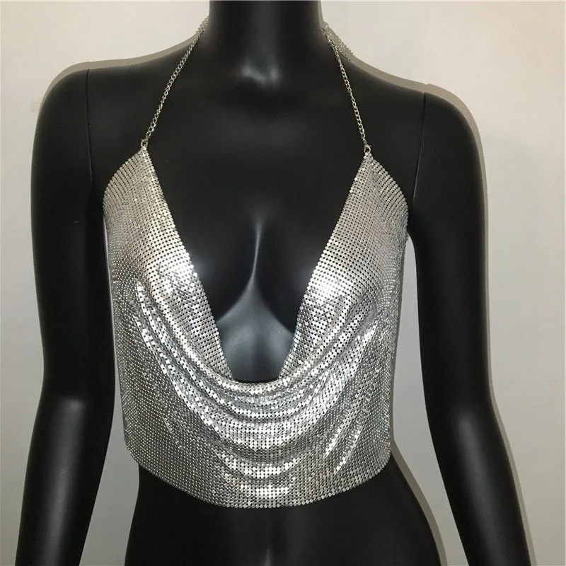 Metal Sequined Tank Camis Summer Gold Silver Backless Cropped Glitter Beach Club Show Wear Tank Tops