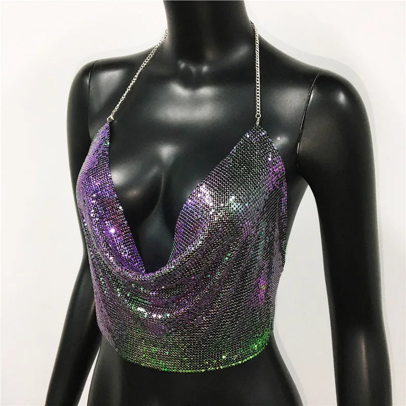 Metal Sequined Tank Camis Summer Gold Silver Backless Cropped Glitter Beach Club Show Wear Tank Tops