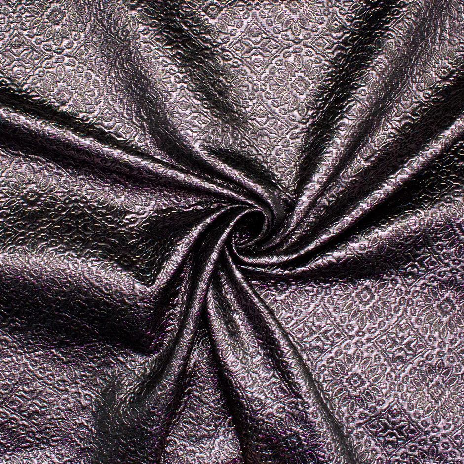 Metallic Lilac & Black Geometric Cotton Blend Brocade