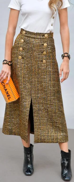 Metallic Threaded Tweed Midi Skirt