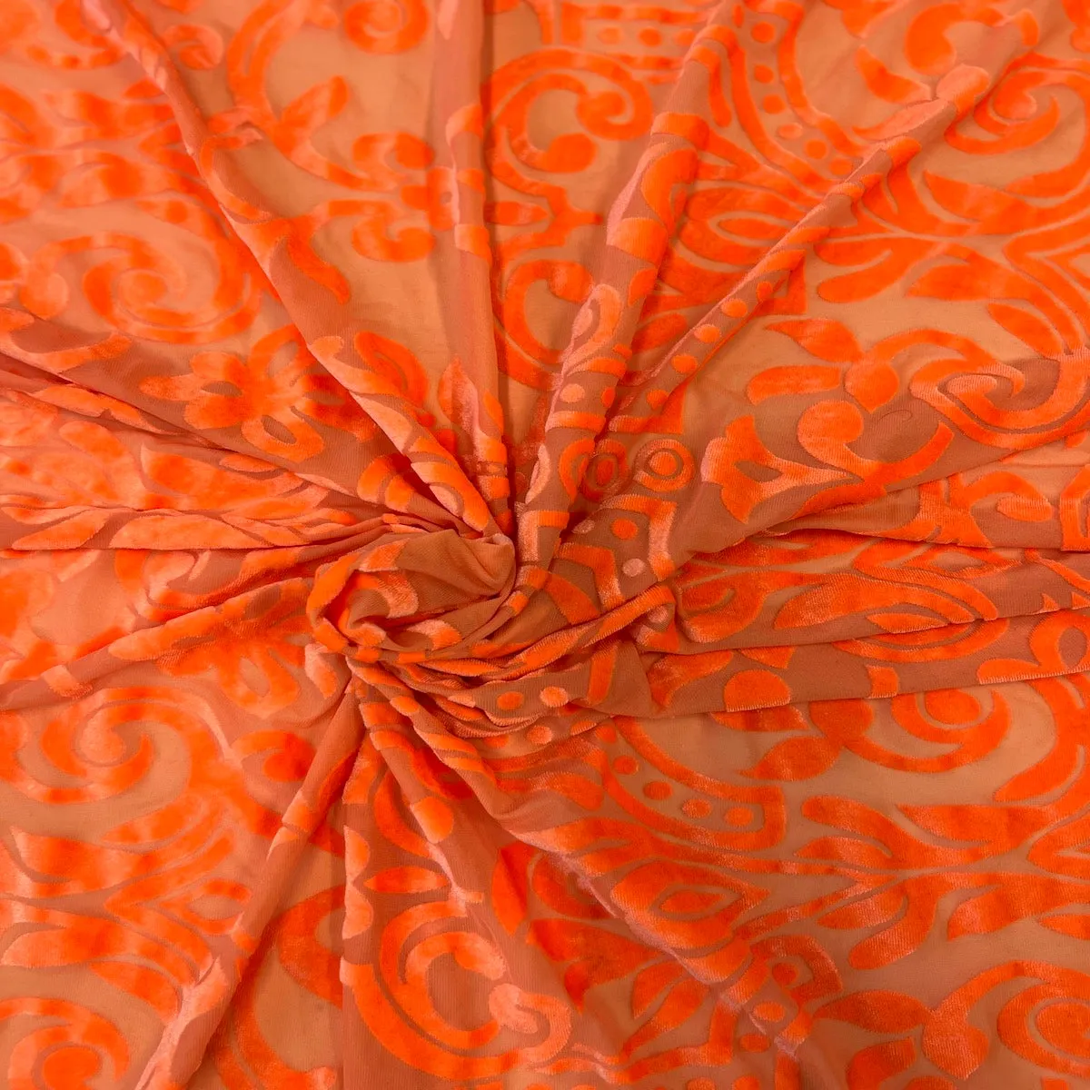 Neon Orange Almafi Geometric Burnout Stretch Velvet Fabric