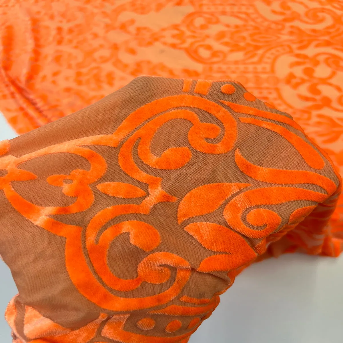 Neon Orange Almafi Geometric Burnout Stretch Velvet Fabric