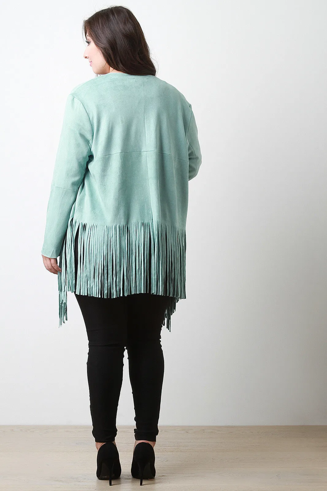 Patchwork Suede Fringe Hem Open Front Coat