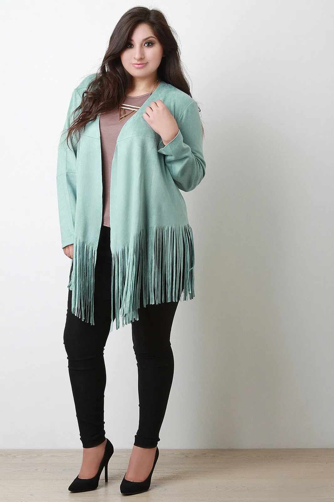 Patchwork Suede Fringe Hem Open Front Coat