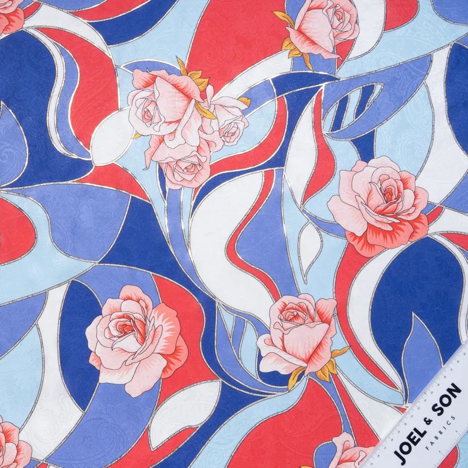 Pink Rose Vision Printed Blue & Red Pure Silk Jacquard