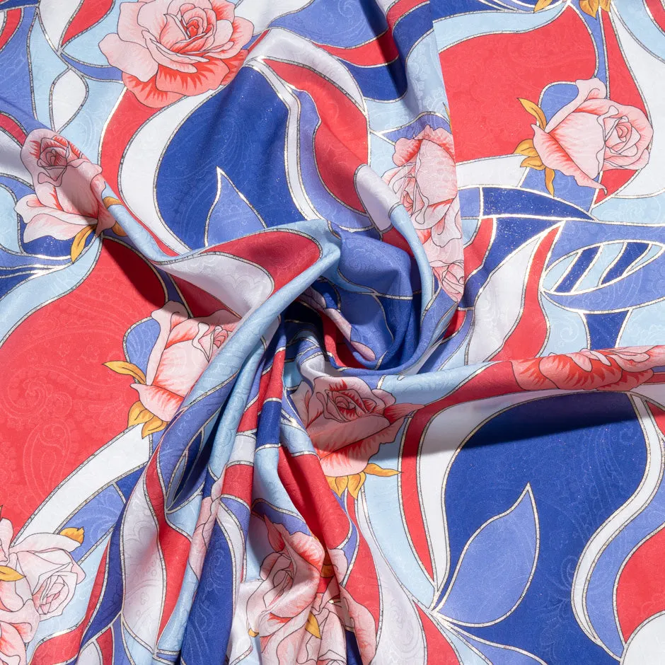 Pink Rose Vision Printed Blue & Red Pure Silk Jacquard