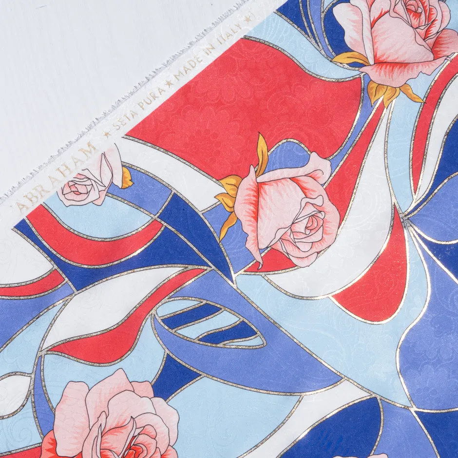 Pink Rose Vision Printed Blue & Red Pure Silk Jacquard