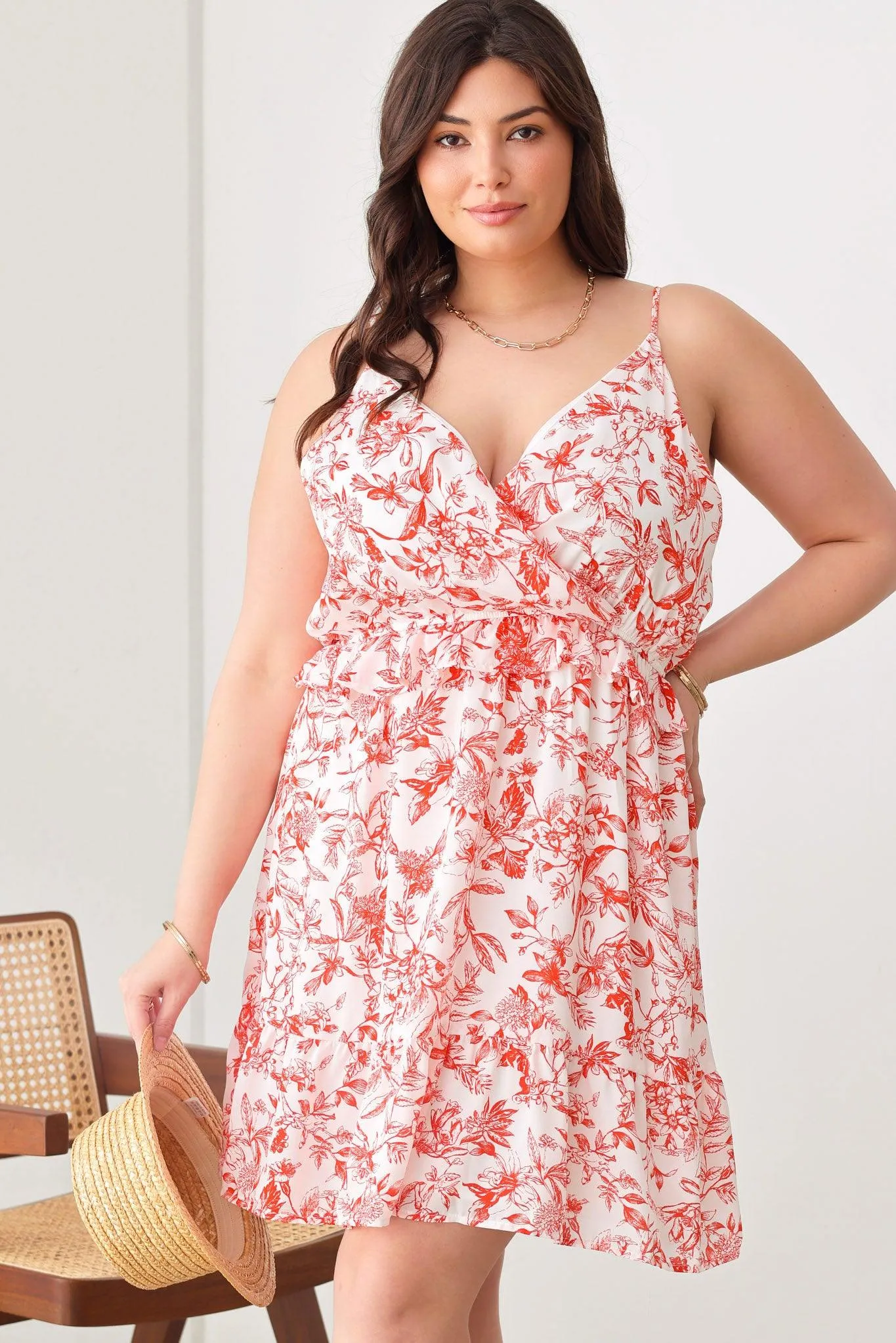 Plus Size Floral Warp Bust Ruffle Waist Ruffle Silhouette V-Neck Mini Dresses