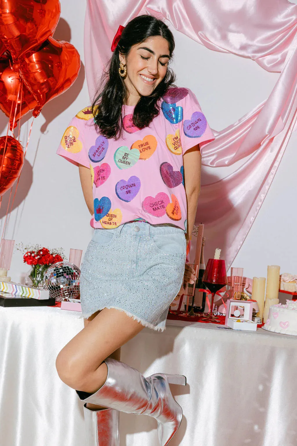 Queen Of Sparkles Magenta Sequin Candy Heart Tee