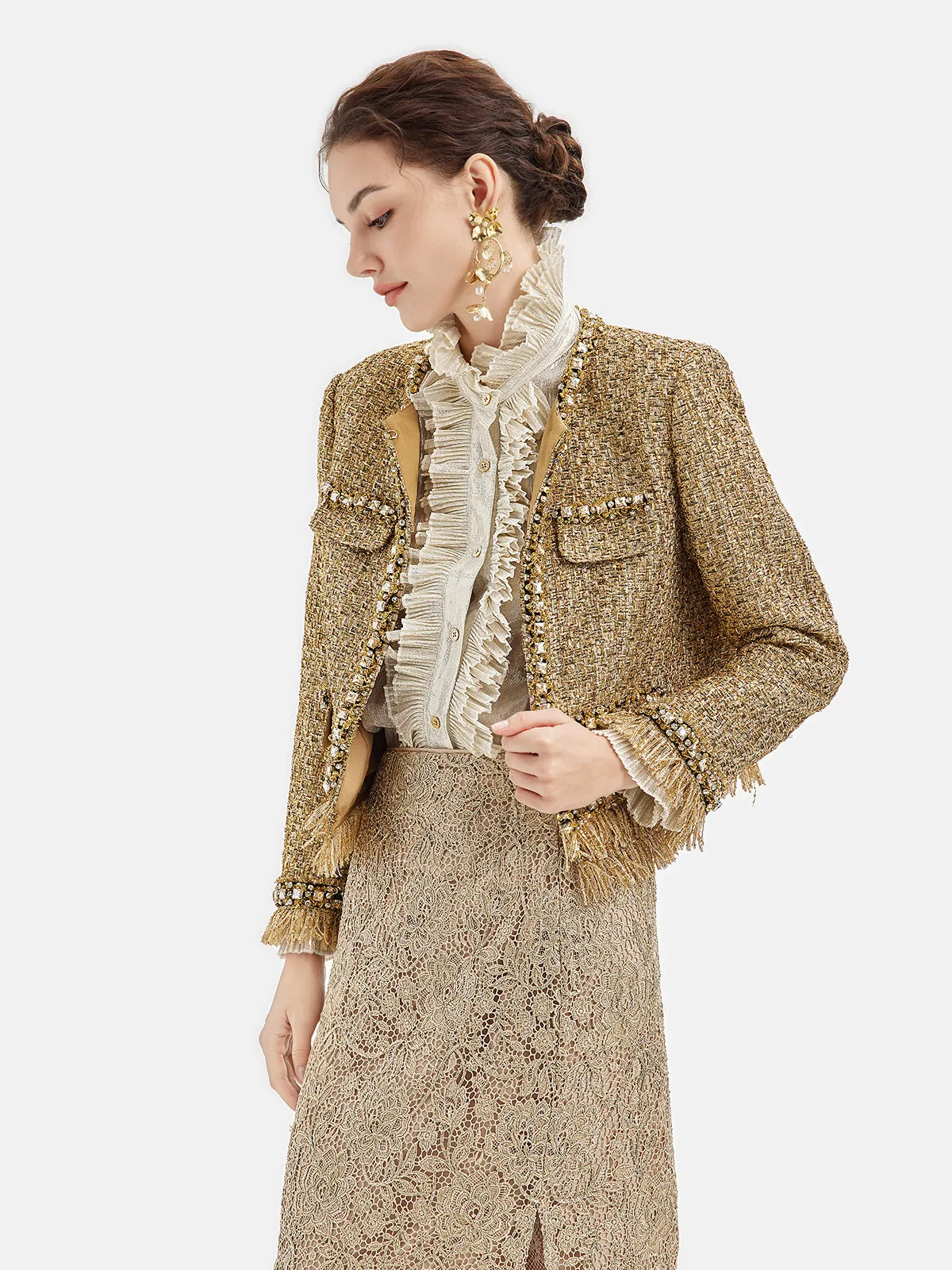 Regal Beaded Gold Tweed Fringe Jacket