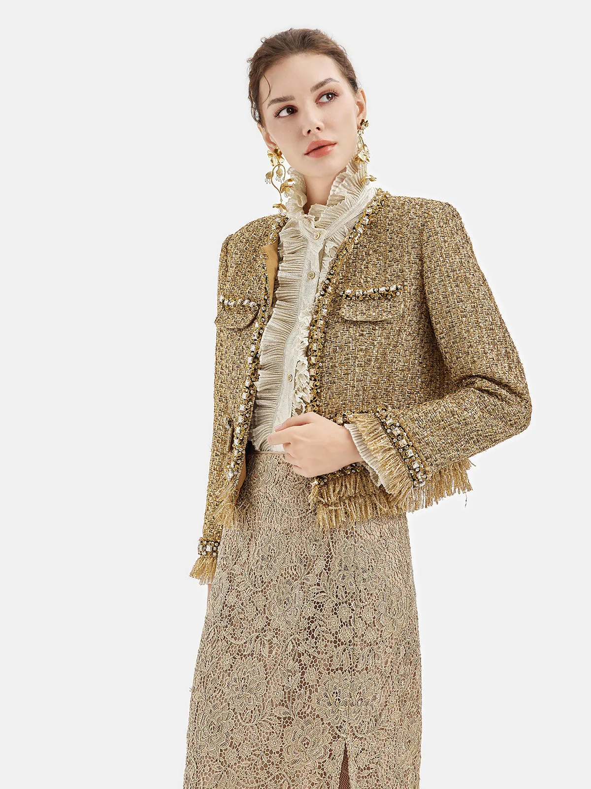 Regal Beaded Gold Tweed Fringe Jacket