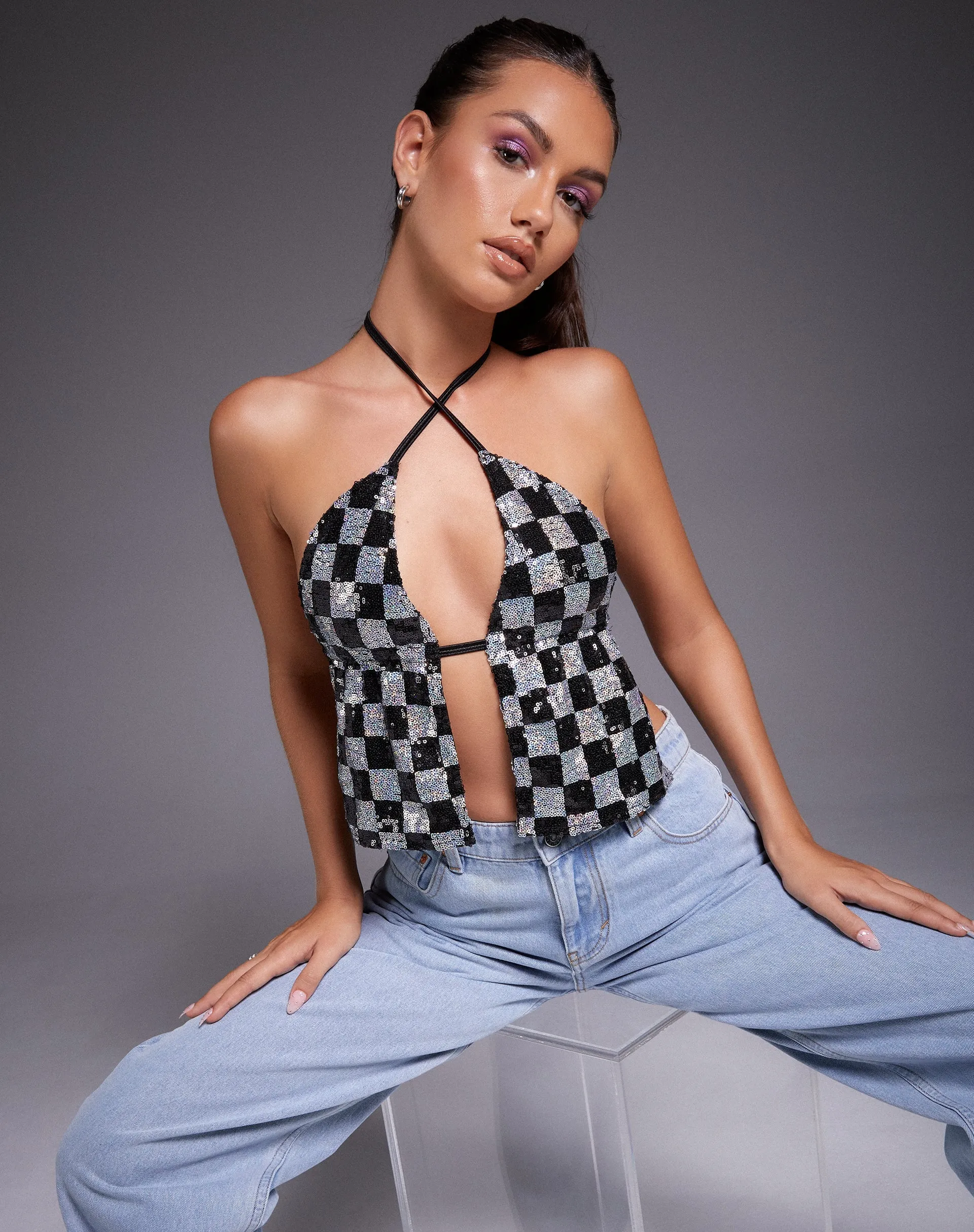 Runita Halter Top in Checkerboard Sequin Black and Silver