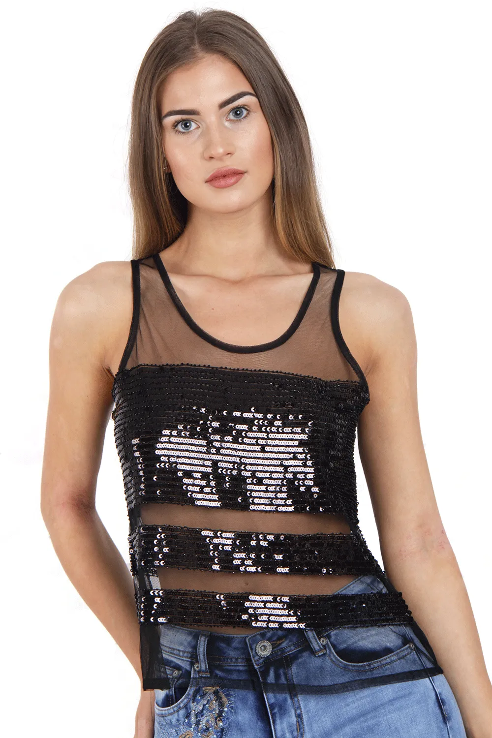 Sequin Embellished Mesh Top