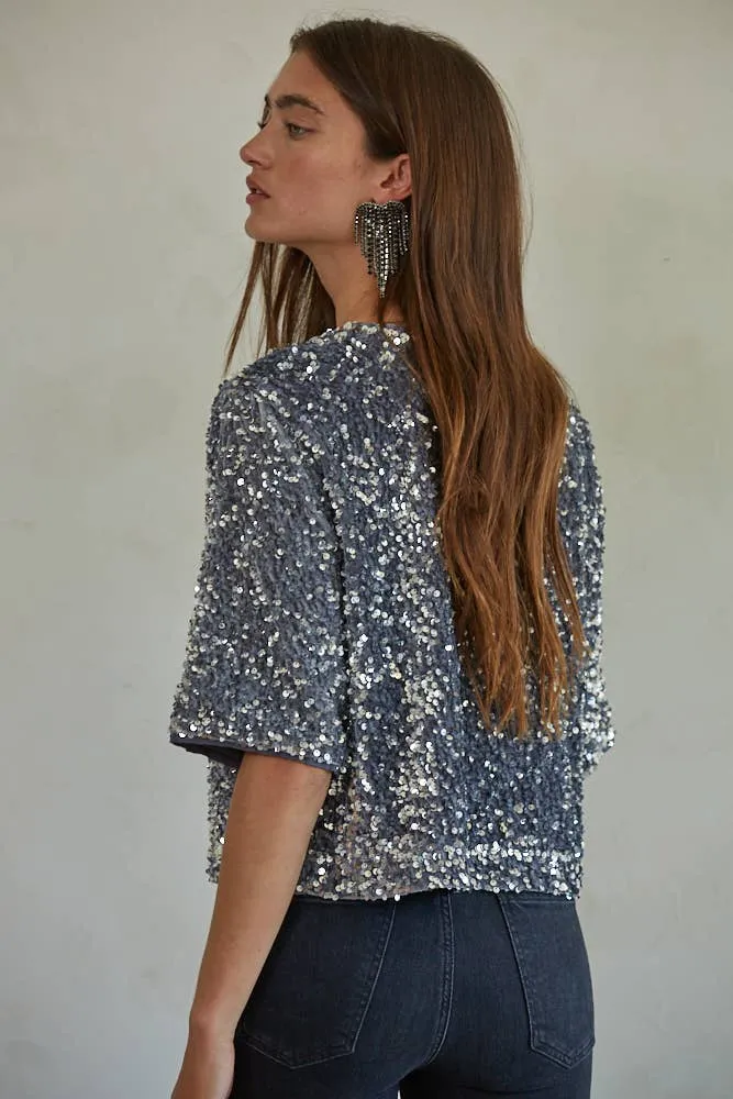 Sequin Velvet Round Neck Short Sleeve Top