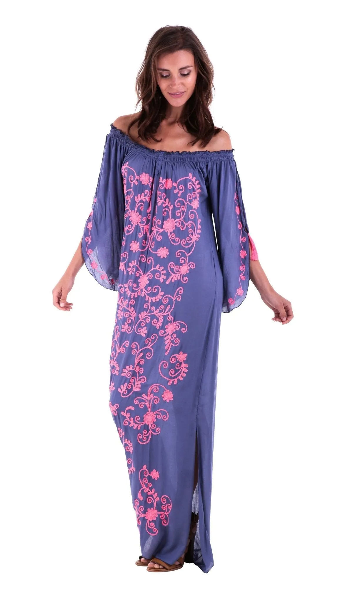 SHU-SHI Women's Casual Boho Ethnic Embroidered Off Shoulder Maxi Dress with Long Sleeves and Side Slit