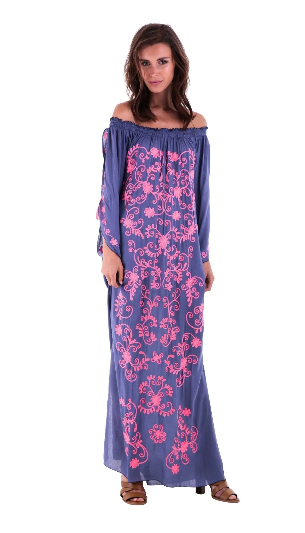 SHU-SHI Women's Casual Boho Ethnic Embroidered Off Shoulder Maxi Dress with Long Sleeves and Side Slit