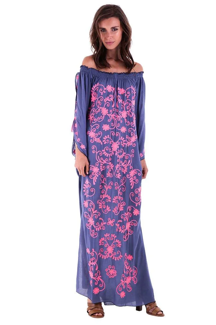 SHU-SHI Women's Casual Boho Ethnic Embroidered Off Shoulder Maxi Dress with Long Sleeves and Side Slit