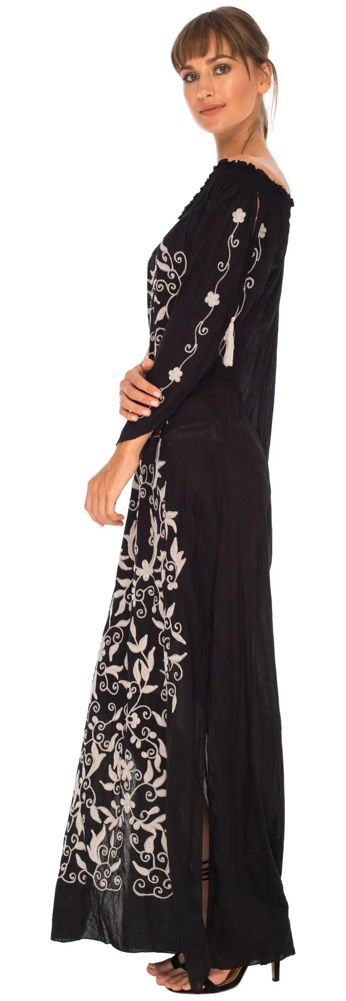 SHU-SHI Women's Casual Boho Ethnic Embroidered Off Shoulder Maxi Dress with Long Sleeves and Side Slit