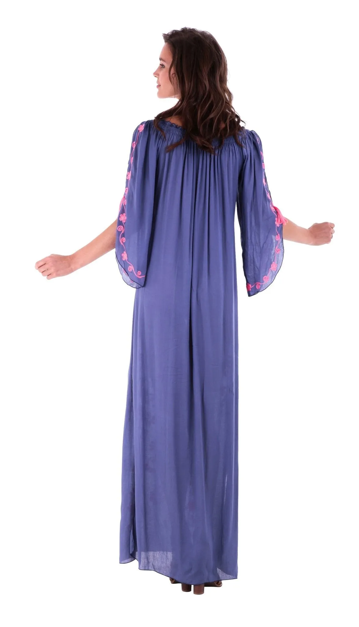 SHU-SHI Women's Casual Boho Ethnic Embroidered Off Shoulder Maxi Dress with Long Sleeves and Side Slit