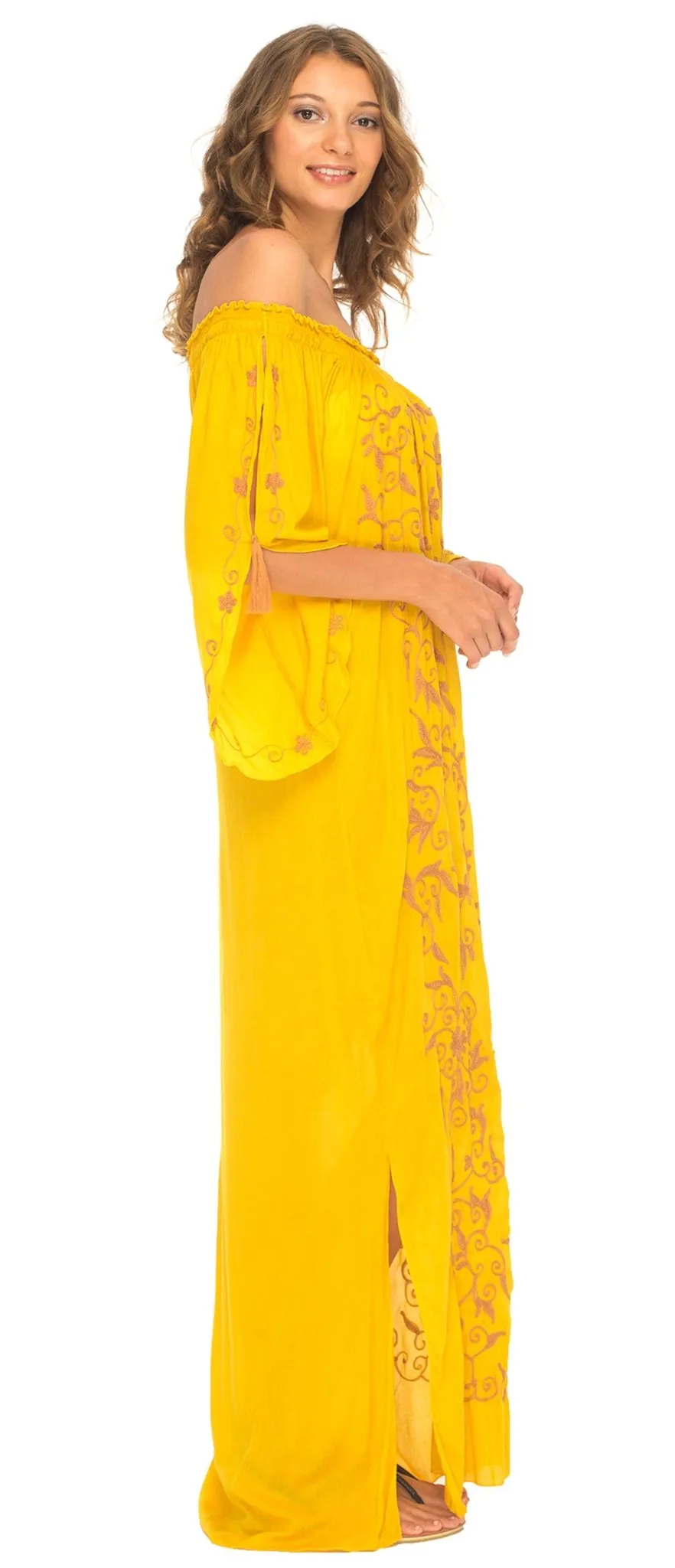 SHU-SHI Women's Casual Boho Ethnic Embroidered Off Shoulder Maxi Dress with Long Sleeves and Side Slit