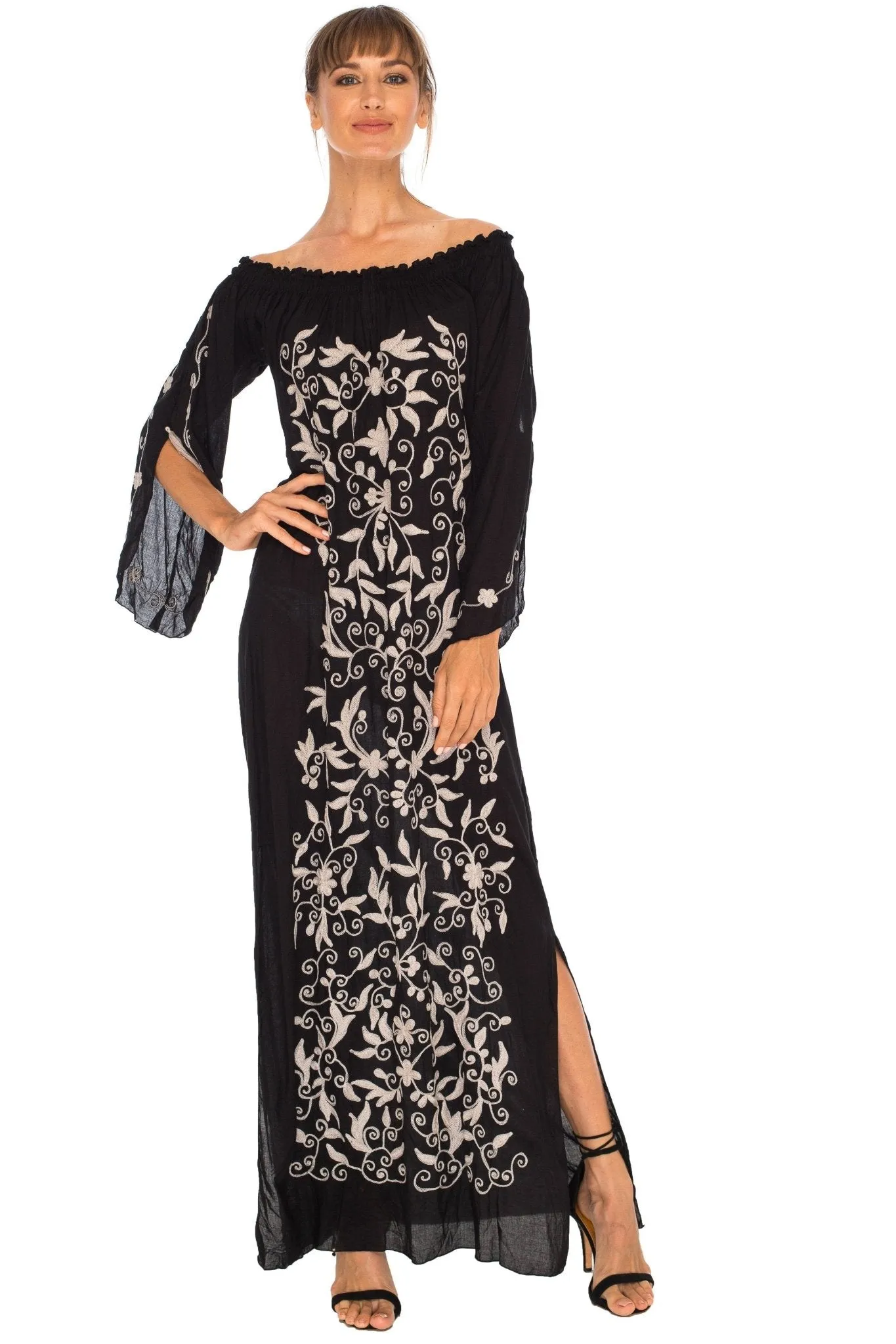 SHU-SHI Women's Casual Boho Ethnic Embroidered Off Shoulder Maxi Dress with Long Sleeves and Side Slit