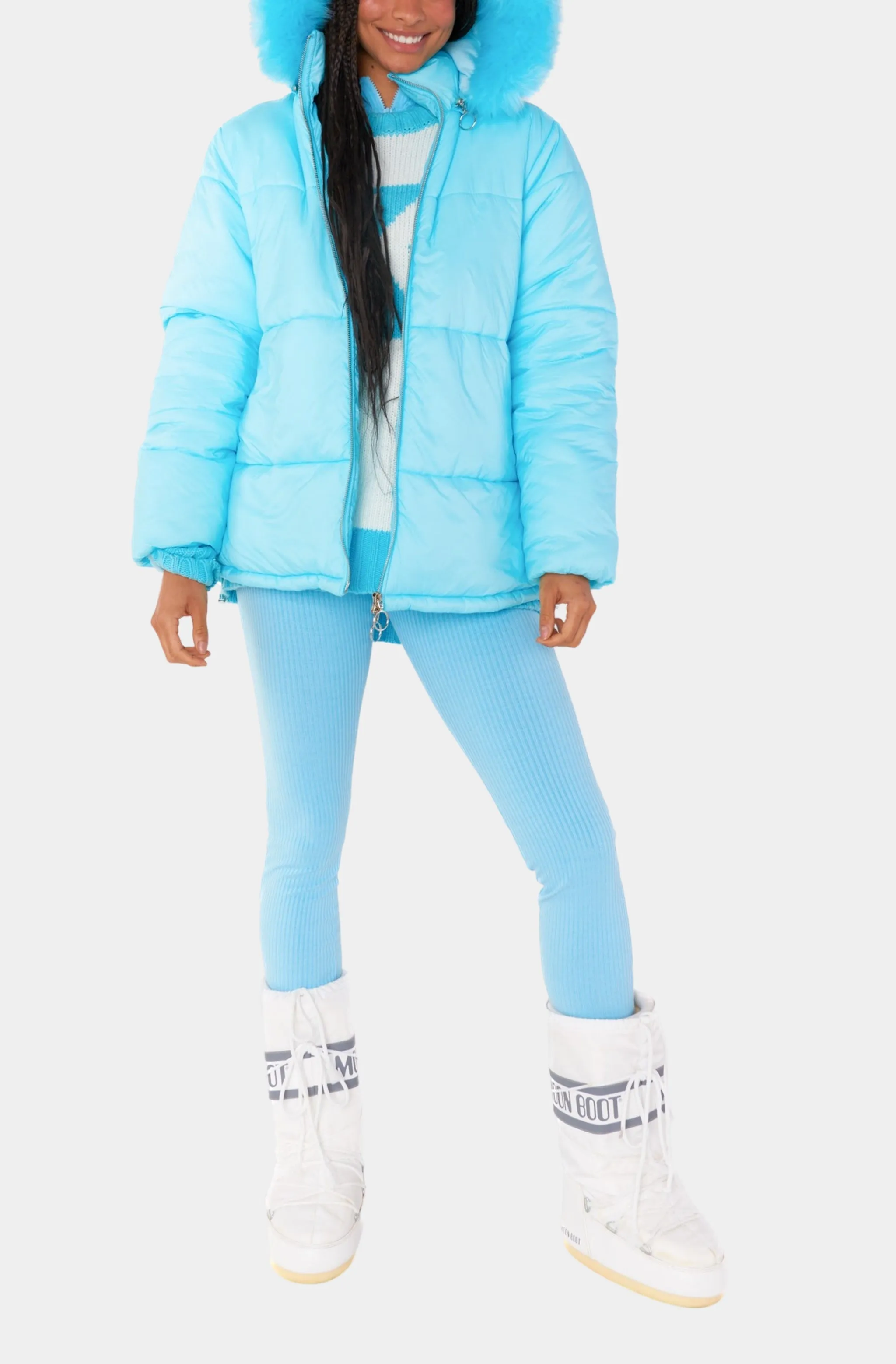 Snowbird Puffer Jacket -Powder Blue with Faux Fur